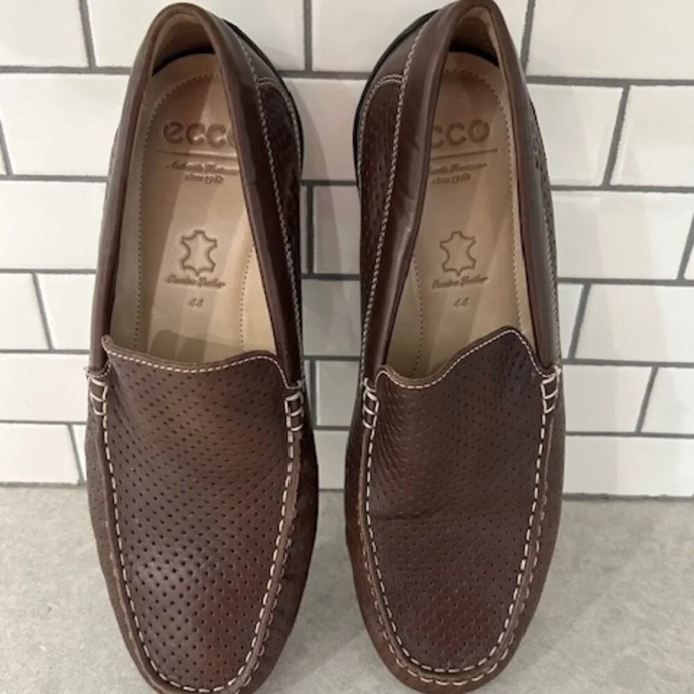 Ecco Men's Brown Genuine Leather Perforated Loafers Sz 11 Excellent